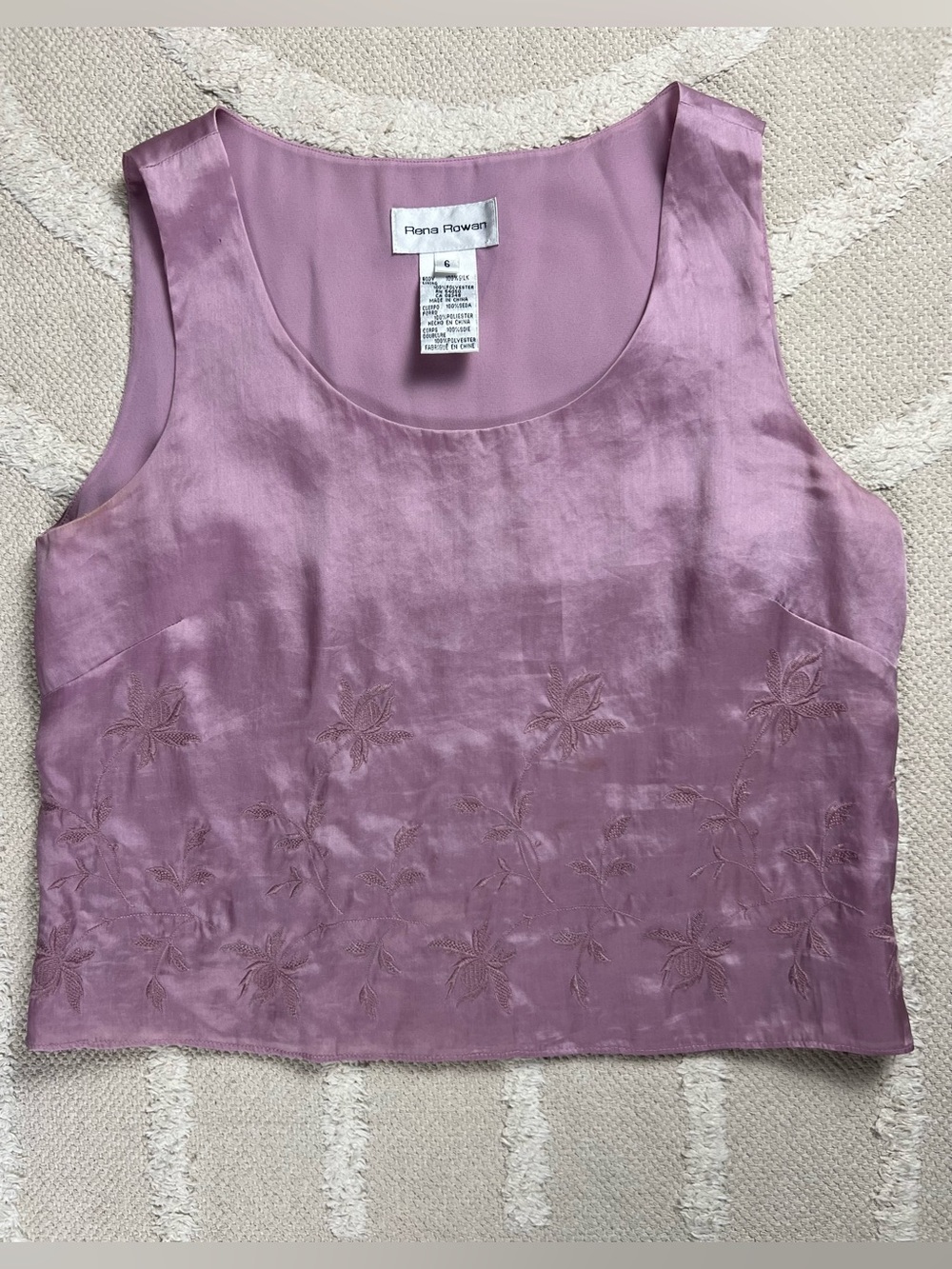 Vintage Lavender Silk Floral Embroidered Blouse – Crushed Satin – S